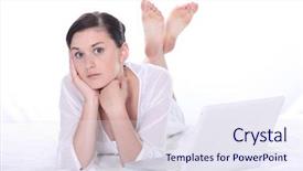  Presentation with top and down features of internet - PPT layouts featuring young woman lying down background and a sky blue colored foreground