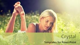  Presentation with meadow - Colorful presentation theme enhanced with young-woman-lying-in-meadow backdrop and a yellow colored foreground