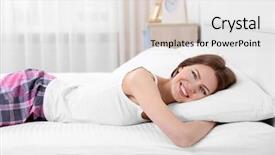  Presentation with orthopedic - PPT theme with young woman lying on bed with orthopedic pillow against blurred background healthy posture concept background and a light gray colored foreground