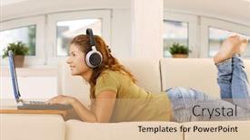  Presentation with computer music - Presentation design having young woman lying on couch using computer listening music on headphones at home background and a coral colored foreground