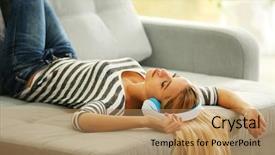  Presentation with assistive listening device - Amazing slide deck having young woman lying on sofa and listening to music backdrop and a coral colored foreground