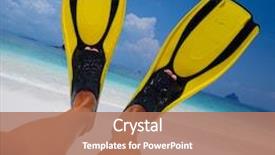  Presentation with tropical - PPT theme having young woman lying on a tropical beach with fins background and a coral colored foreground