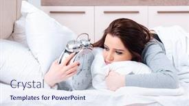  Presentation with time management - PPT theme having young woman lying on the bed in time management concept background and a sky blue colored foreground