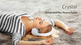  Presentation with listening woman - Presentation theme featuring young woman lying on the floor and listening to music background and a light gray colored foreground