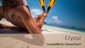  Presentation with gear - Cool new slide set with young woman lying on the beach with fins and snorkeling gear backdrop and a coral colored foreground