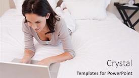  Presentation with social isolation - Cool new presentation theme with young woman lying on the bed using her laptop working from home in quarantine lockdown social distancing self isolation backdrop and a white colored foreground