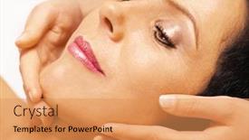  Presentation with reiki - Cool new presentation theme with young woman lying on her back gets massage reiki on her face backdrop and a coral colored foreground