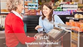  Presentation with nfc - Slide deck with young-woman-makes-mobile-payment background and a coral colored foreground