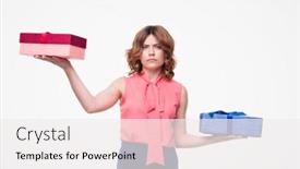  Presentation with choice - Cool new PPT layouts with young woman making choice between gifts isolated on a white background backdrop and a white colored foreground