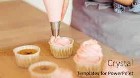  Presentation with cupcakes - Colorful PPT theme enhanced with young-woman-making-creamy-top backdrop and a coral colored foreground