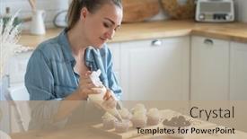  Presentation with cupcakes - Colorful presentation theme enhanced with young-woman-making-creamy-top backdrop and a coral colored foreground