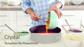  Presentation with rainbow birthday cake - Presentation design consisting of young woman making rainbow cake background and a  colored foreground