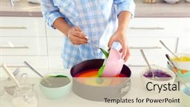  Presentation with rainbow birthday cake - Presentation theme with young woman making rainbow cake background and a  colored foreground