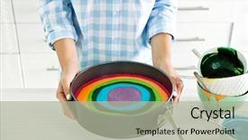  Presentation with rainbow birthday cake - Slide deck enhanced with young woman making rainbow cake background and a  colored foreground