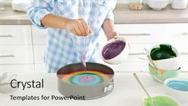  Presentation with rainbow birthday cake - Presentation theme consisting of young woman making rainbow cake background and a  colored foreground