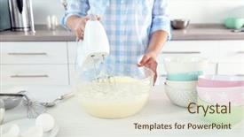  Presentation with rainbow birthday cake - PPT theme featuring young woman making rainbow cake background and a sky blue colored foreground