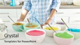  Presentation with rainbow - Slide set consisting of young woman making rainbow cake background and a light gray colored foreground