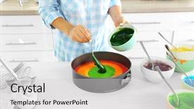  Presentation with rainbow birthday cake - Slide set featuring young woman making rainbow cake background and a  colored foreground