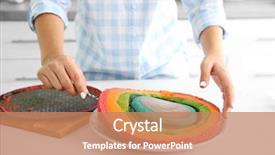  Presentation with cake - PPT theme featuring young woman making rainbow cake background and a  colored foreground