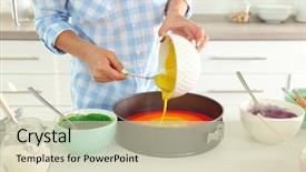  Presentation with rainbow - PPT layouts with young woman making rainbow cake background and a  colored foreground