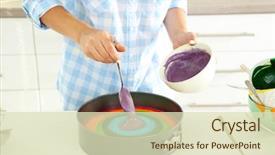  Presentation with rainbow birthday cake - Presentation theme having young woman making rainbow cake background and a soft green colored foreground