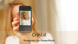  Presentation with self - Amazing presentation theme having young woman making self-photo on smartphone backdrop and a coral colored foreground