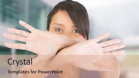  Presentation with road stop sign - Slides having young woman making stop sign background and a  colored foreground