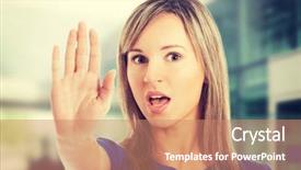  Presentation with stop - PPT theme featuring young woman making stop sign background and a coral colored foreground
