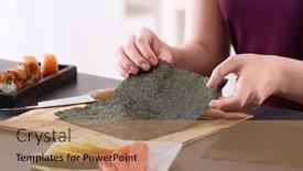  Presentation with sushi - PPT theme consisting of young woman making sushi rolls at home background and a coral colored foreground