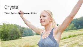  Presentation with wellness nature - Colorful presentation enhanced with young woman making wellness exercise in the nature in summer backdrop and a white colored foreground