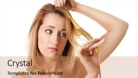  Presentation with real woman hair texture human - Amazing presentation design having young woman measuring hair length backdrop and a  colored foreground