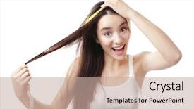  Presentation with real woman hair texture human - Slide set consisting of young woman measuring hair length background and a  colored foreground