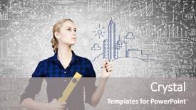  Presentation with mechanic - Cool new slide set with young woman mechanic with ruler in hand against city background backdrop and a gray colored foreground