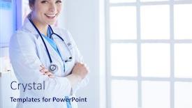  Presentation with medic - Beautiful slide set featuring young woman medic in white uniform standing in clinic's office backdrop and a sky blue colored foreground