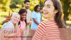  Presentation with summer event - Slide set with young-woman-meeting-friends background and a coral colored foreground