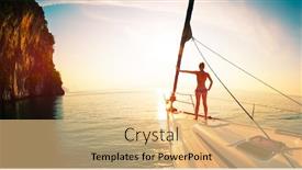  Presentation with woman in sea - PPT layouts with young-woman-meets-sunrise background and a coral colored foreground