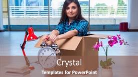  Presentation with personal belongings - PPT theme consisting of young woman moving personal belongings background and a tawny brown colored foreground