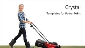 Presentation with young - Colorful PPT layouts enhanced with young woman mowing a lawn backdrop and a white colored foreground