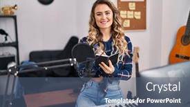  Presentation with music studio - Presentation theme with young-woman-musician-composing-song background and a ocean colored foreground