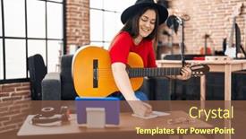  Presentation with music studio - Presentation theme featuring young-woman-musician-composing-song background and a tawny brown colored foreground