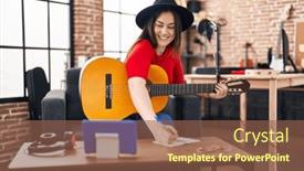 Presentation with music studio - Slide deck having young-woman-musician-composing-song background and a tawny brown colored foreground