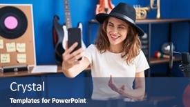  Presentation with music studio - Presentation with young-woman-musician-having-video background and a  colored foreground