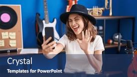  Presentation with music studio - Presentation theme featuring young-woman-musician-having-video and a ocean colored foreground