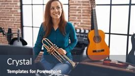  Presentation with trumpet - Theme enhanced with young-woman-musician-holding-trumpet background and a ocean colored foreground