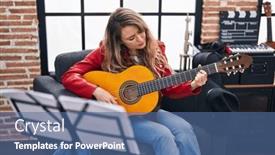  Presentation with classical music - Slides featuring young-woman-musician-playing-classical background and a ocean colored foreground