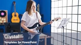  Presentation with music studio - Slide set featuring young-woman-musician-playing-electrical background and a ocean colored foreground