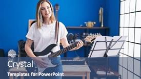  Presentation with electrical - Slide set with young-woman-musician-playing-electrical background and a ocean colored foreground