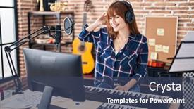  Presentation with piano keyboard - Theme with young-woman-musician-playing-piano background and a ocean colored foreground
