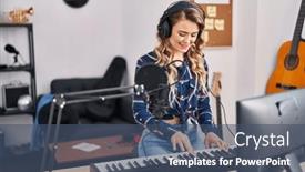  Presentation with piano keyboard - Presentation theme having young-woman-musician-playing-piano background and a ocean colored foreground