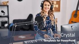  Presentation with piano keyboard - Presentation theme consisting of young-woman-musician-playing-piano background and a ocean colored foreground